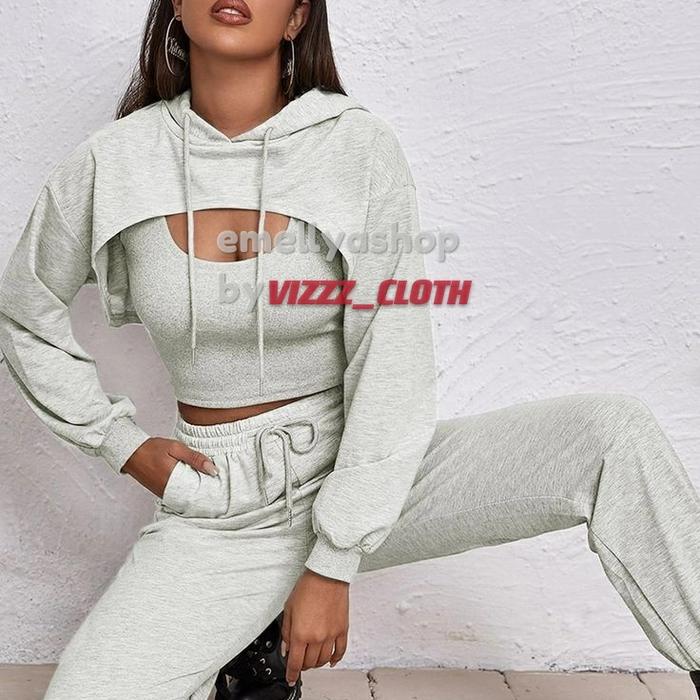 SET HOODIE CROP DADA TERBUKA+JOGGERPANT TALI SERUT TANPA INER