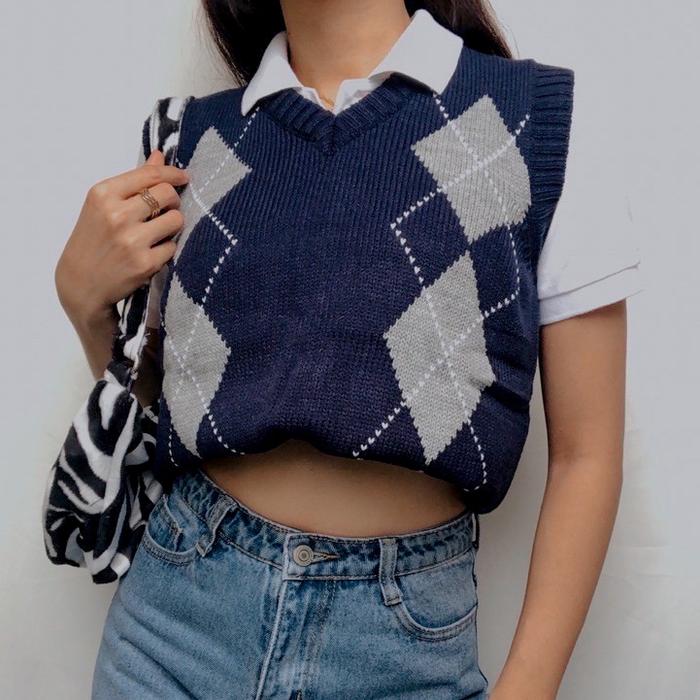 Outerwear Wanita Casual Knit Vest V Neck Rajut Thrift Style Vintage