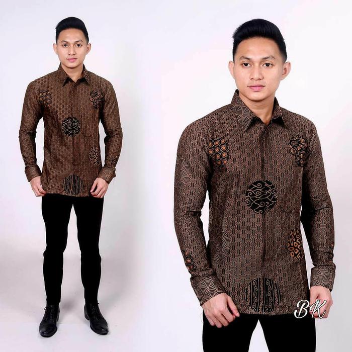 KEMEJA PRIA LENGAN PANJANG BATIK COKLAT LAWASAN KOIN KOMB KEMEJA BATIK