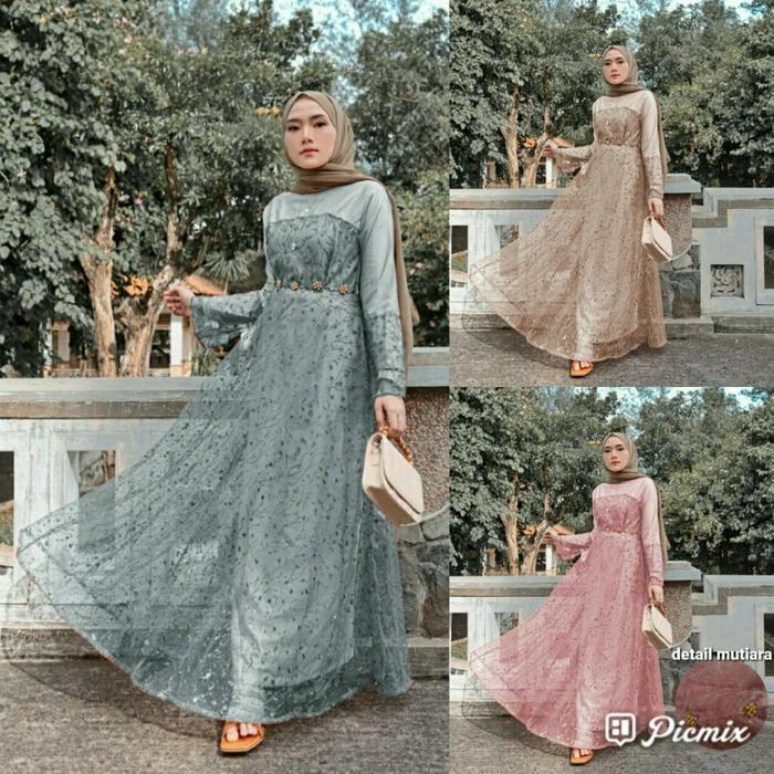 es Gamis maxi Rachel ABU Mocca Dustypink bahan tile mutiara full