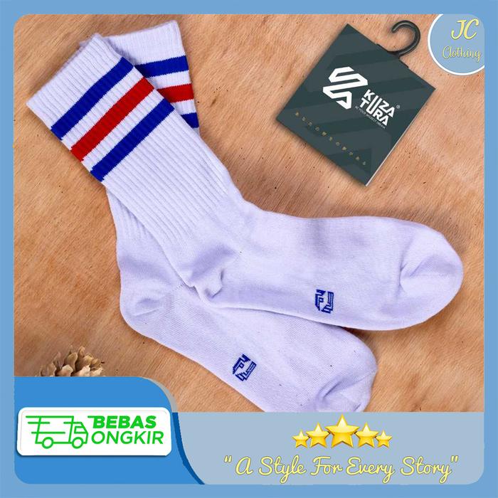 Kaos Kaki Panjang Pria Bahan PE Putih Motif Garis Merah Biru