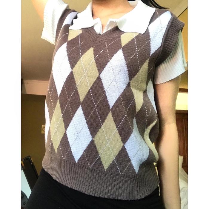 Outer Vest Diamond Classic Brown Knit Rajut Thrift Style Vintage ARH