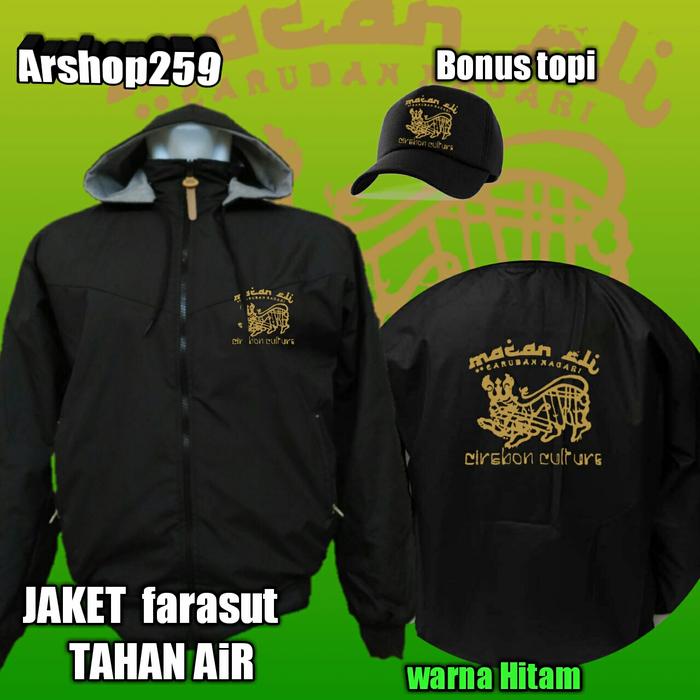 JAKET farasut tahan air berlogo macan ali fles bonus topi
