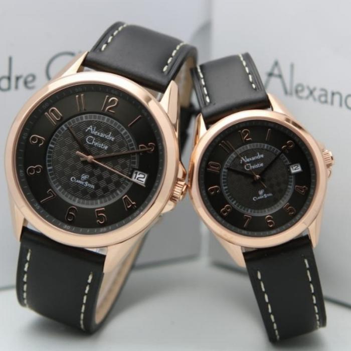 Jam Tangan Couple Alexandre Christie Original AC8649 Black Rosegold