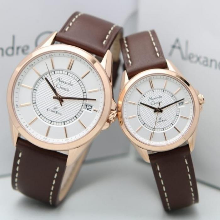 Jam Tangan Couple Alexandre Christie Original AC8649 Brown Rosegold