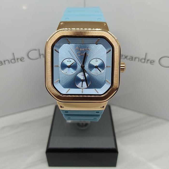 jam tangan Wanita ALEXANDRE CHRISTIE AC 2811 TALI KARET BIRU MUDA NEW