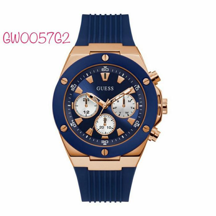 Jam Tangan Pria Guess GW0057G2 Rubber Blue Rose Poseidon 45mm Original