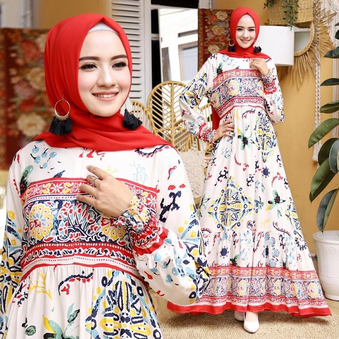 Gamis glenca cream, biru, hijau, peach maxi motif home dress baju muslim katun rayon adem cantik mur