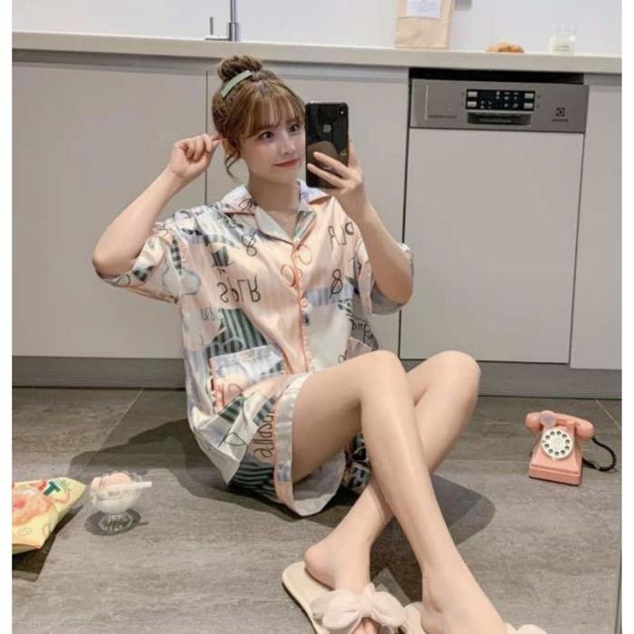 PIYAMA SATIN WANITA JUMBO BIG SIZE BAJU TIDUR SET HOT PANTS MOTIF