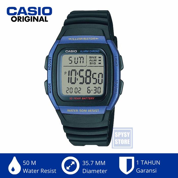 Jam Digital Casio Illuminator W-96h-2av W96h Biru Original Strap Karet
