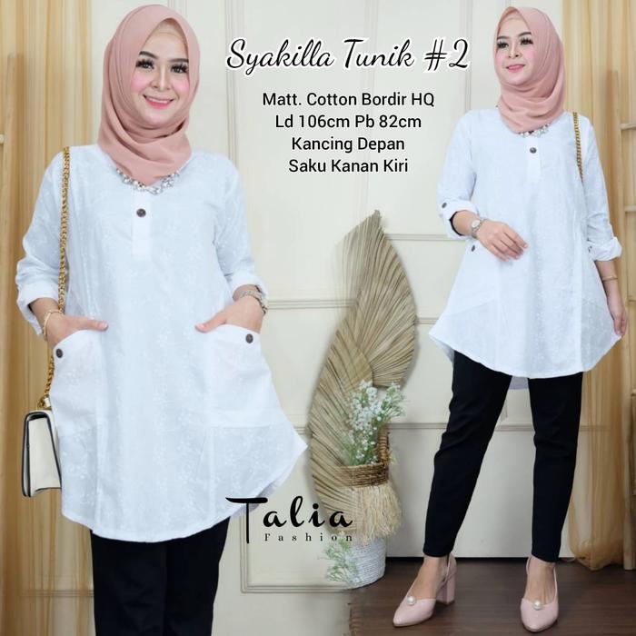NEW SYAKILA TUNIK#2 WHITE KATUN BORDIR ATASAN WANITA PUTIH MURAH MODIS