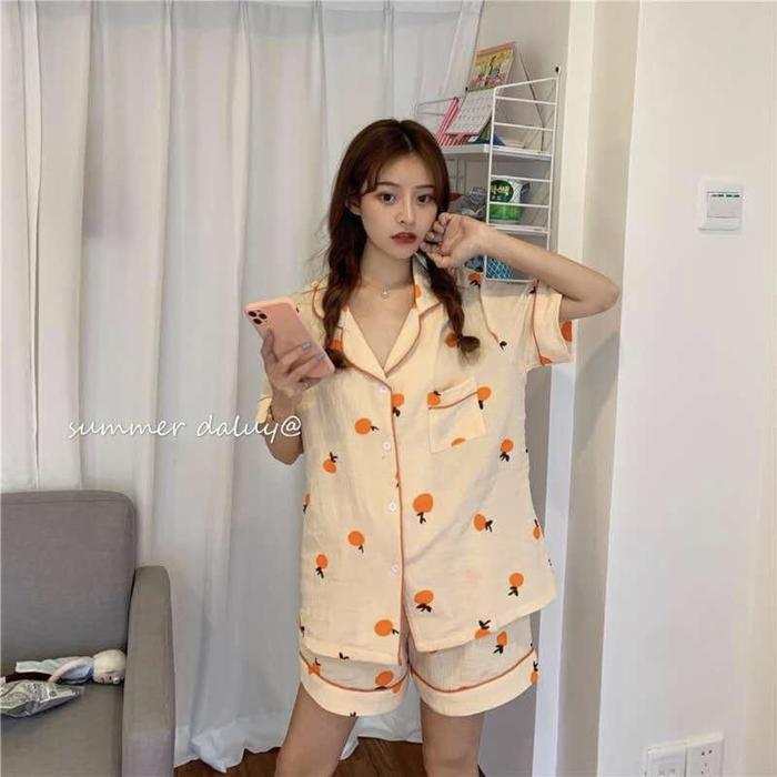PIYAMA SPANDEX JUMBO BAJU TIDUR KANCING HOT PANTS IMPORT ORANGE