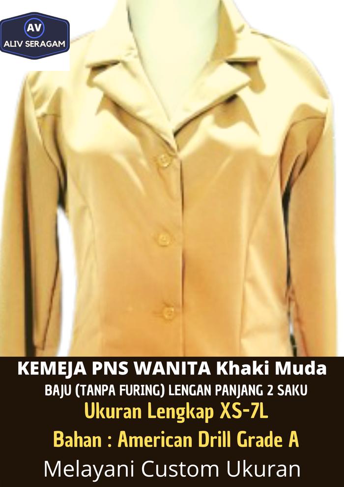 Baju Kemeja PNS PDH Pemda Wanita Khaki Muda Ukuran XS-7L American Dril