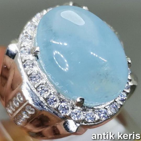 Batu Akik Aquamarine Biru Laut Natural Kecubung Air Ring Perak 925Asli