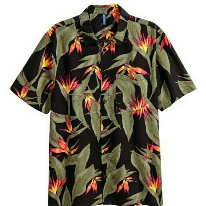KEMEJA PANTAI PRIA VISCOSE RESORT SHIRT BLACK RED HM01