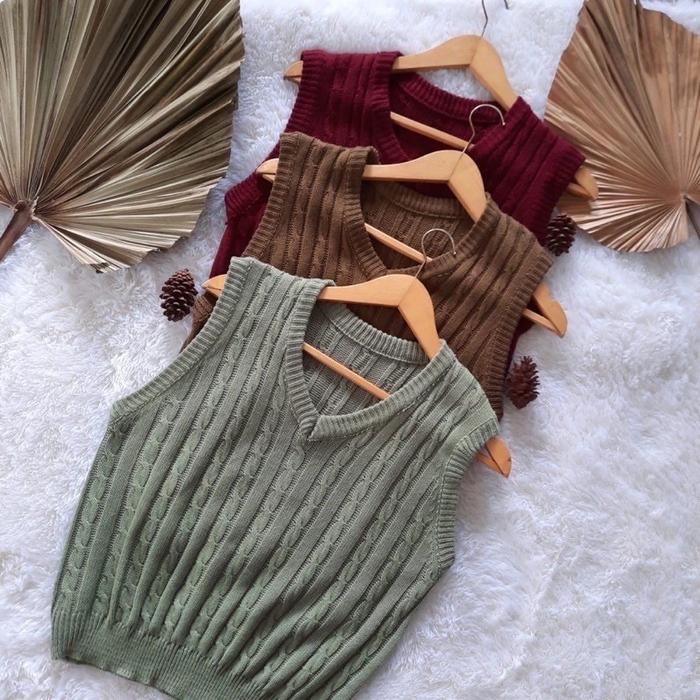 Outer Vest V Neck Basic Knit Rajut Top Casual Vintage Thrift Style MS