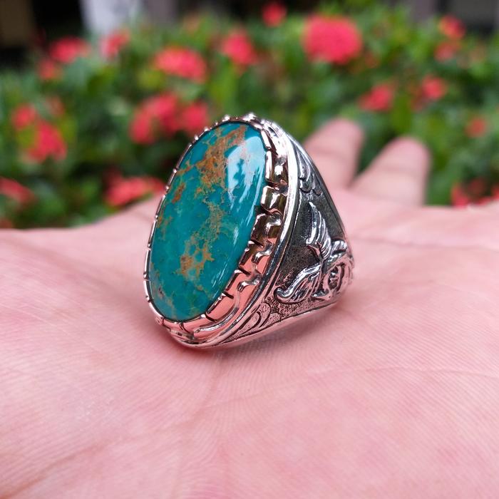 Natural Pirus Turquoise Original Persia Ring Perak Murni Emas Swasa