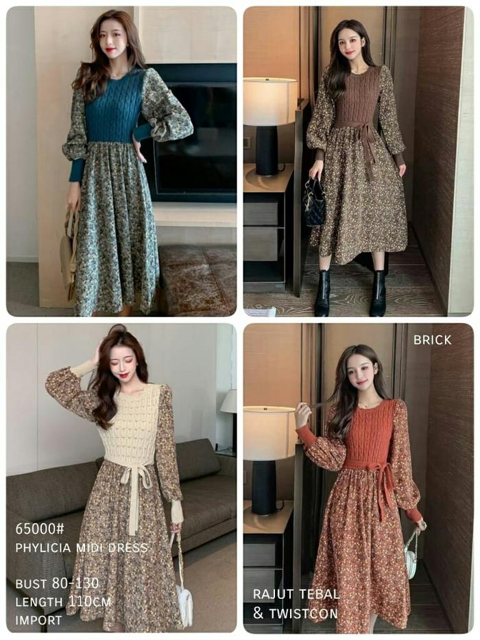 DRESS MIDI IMPORT WANITA PHYLICIA 4 WARNA MURAH