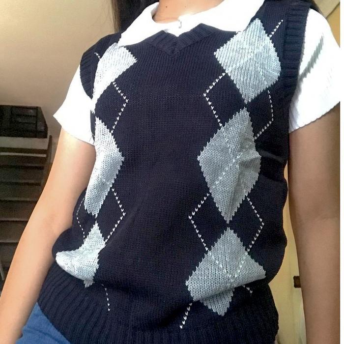 Outer Vest Diamond Overlap Vintage Black-Grey Rompi Knit Thrift Style