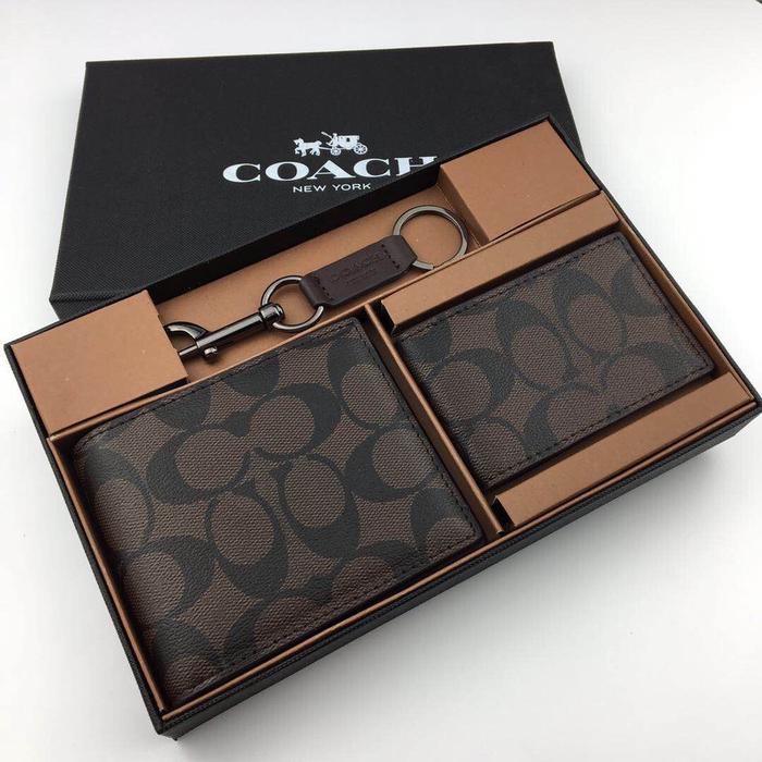 Coach Wallet Compact Id In Signature Canvas Mahogany Brown- F74993