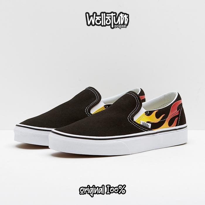VANS SLIP ON FLAME BLACK WHITE ORIGINAL RESMI