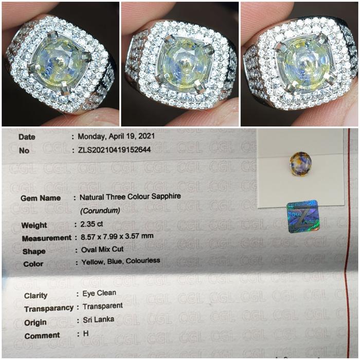 Batu Tri Color Sapphire Ceylon Srilanka Antique Sertifikat 2.35 crt