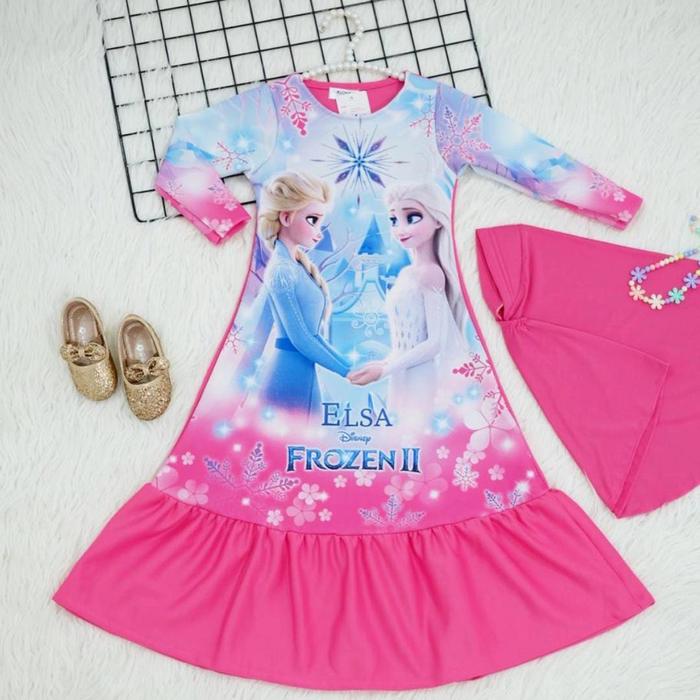gamis elsa Frozen anak perempuan/ gamis muslim Frozen pink size 5th-12