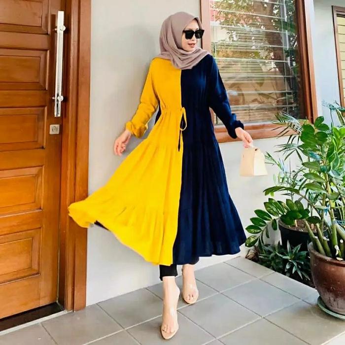 EMILY MIDI TUNIK TWOTONE NAVY MIX MUSTARD RADWAH