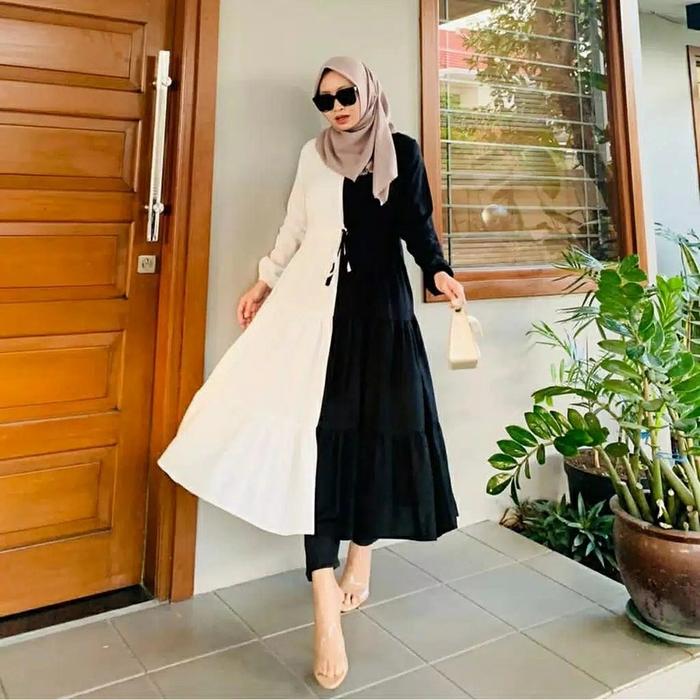 EMILY MIDI TUNIK TWOTONE BROKEN WHITE MIX BLACK RADWAH