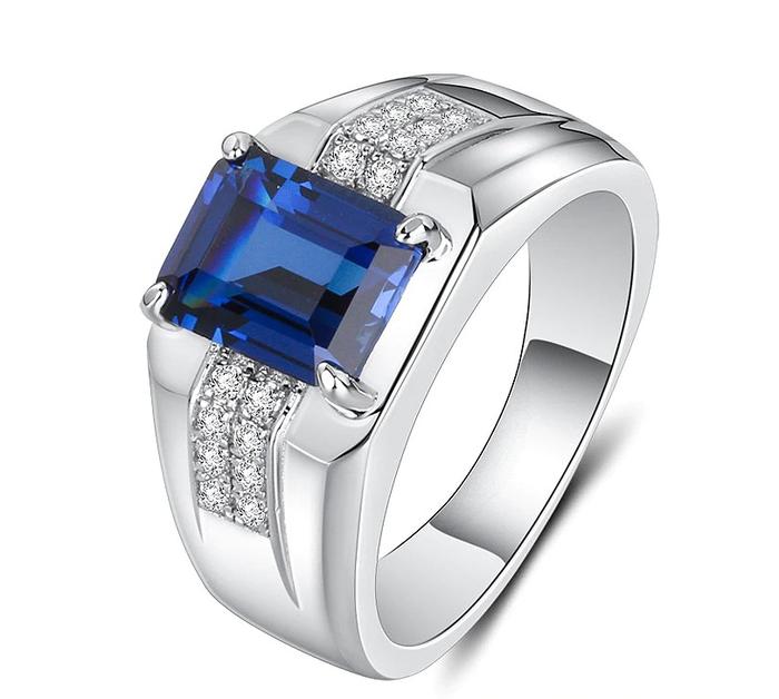 Cincin Pria Ori Perak 925 Silver Rectangle Sapphire Emerald Zircon