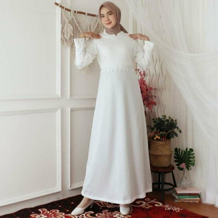 Baju Gamis Putih/ Gamis BW Brokat Glitter Premium Bahan Moscrepe Gamis muslim Gamis Busui