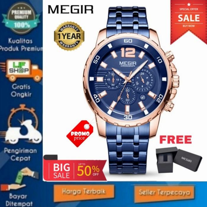 Jam Tangan Analog Pria Bisnis Megir Ori Rantai Mewah Crono Aktif