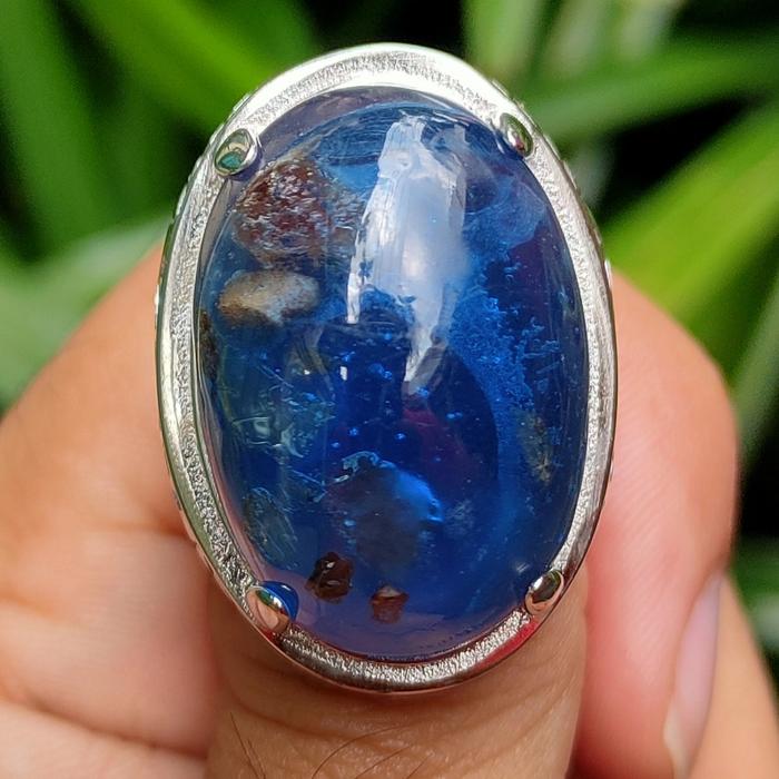 Cincin Titanium Batu Akik Getah Katilayu Biru Natural