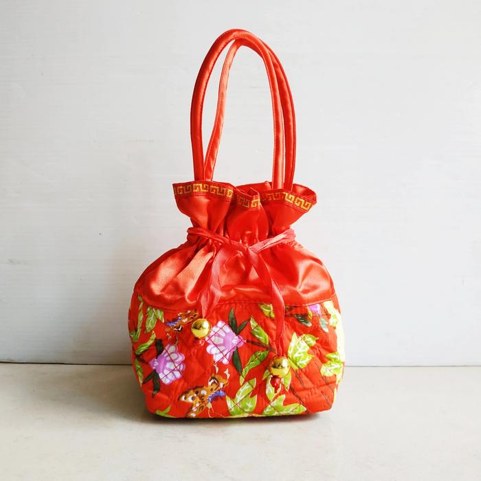 NARAYA Red satin and quilted floral print bucket bag tas serut Bangkok