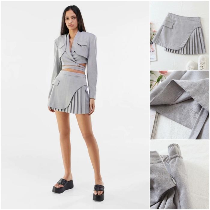 ROK MINI HYPE IMPORT WANITA WARNA ABU MODEL SETENGAH PLISKET PREMIUM