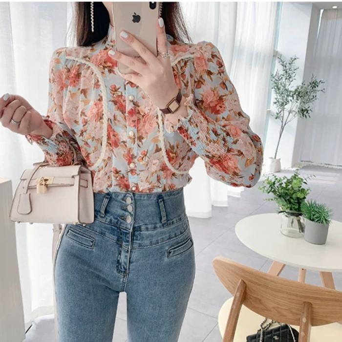 Melarosa atasan wanita vintage blouse gaya korea kemeja