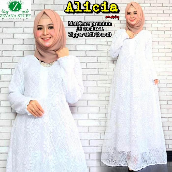 Gamis Alicia Maxy Dress Busui Lace Premium Realpict Original - Putih