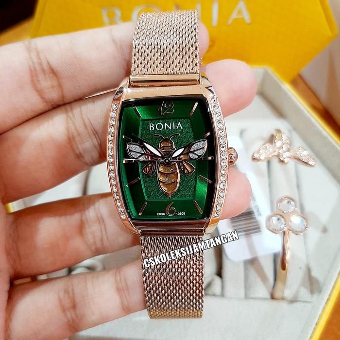JAM TANGAN WANITA BONIA BNB10608-2595S HONEYBEE ROSEGOLD GREEN ORIGINA