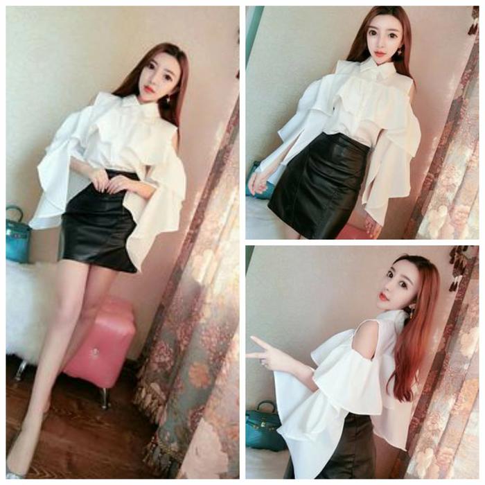baju atasan putih ruffle bahu bolong lengan panjang