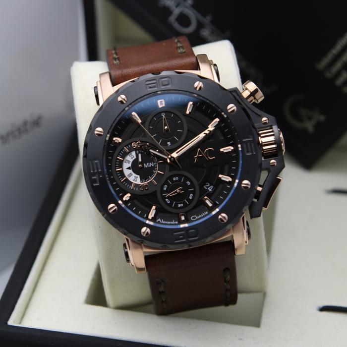 Alexandre Christie AC 9205 Black Rosegold Pria LEATHER. ORIGINAL