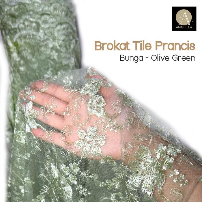 1/2 Meter Kain Brokat Tile Prancis Motif Bunga Olive Green