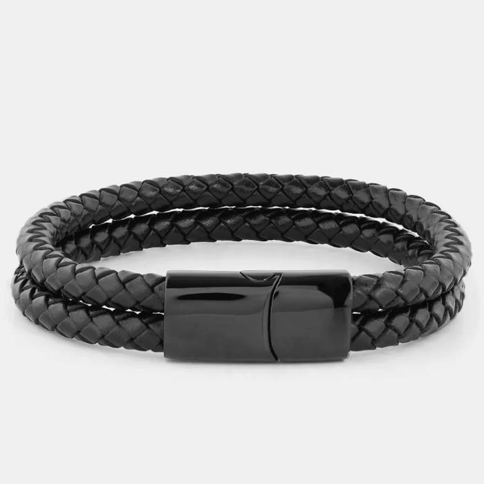 Gelang Kulit Asli Original Hitam Pria Cowok Leather Bracelet Titanium Black Bangle Elegan
