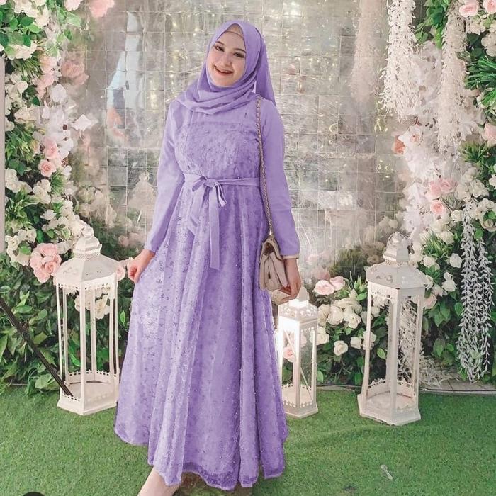 Gamis pesta jeni lilac baju muslim brokat tile bagus murah jel at