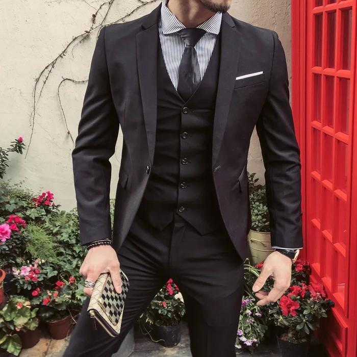 JAS PRIA FORMAL SLIMFIT HITAM 3IN1 - BLAZER CELANA & VEST SEMI WOOL FULL FURING TEBAL COCOK UNTUK AC
