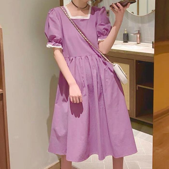 Midi Dress Square Neck Purple Lilac Casual Puffy Sleeve Korean CS