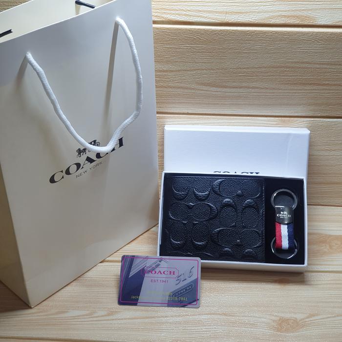Dompet Kulit Asli Pria Set Gantungan Kunci Merk Coach Logo Mbos