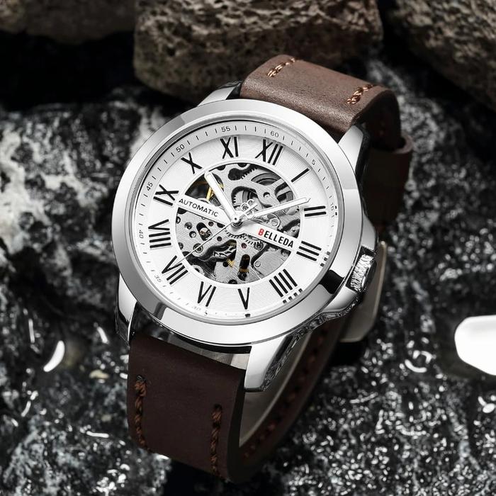 Jam Tangan Belleda B-9244 Automatic Transparan Strap Leather 45mm