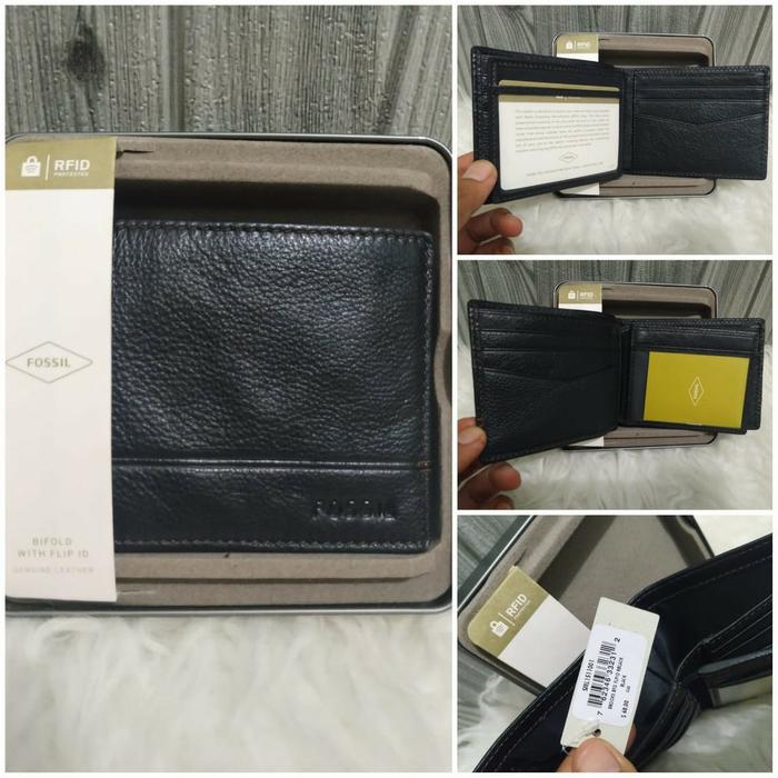 dompet pria fossil brooks bifold wallet flip ID men wallet black