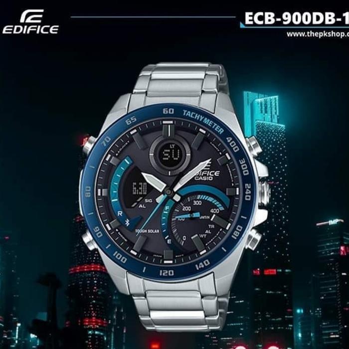 Jam Tangan Casio Edifice ecb 900 Stainless Silver List Blue Dual time