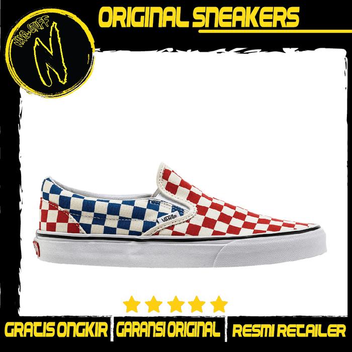 VANS Slip On Classic Checkerboard Red Blue Original Resmi BNIB